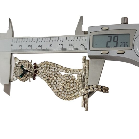 Silver Tone Clear Rhinestone Green Eye Red Collar Cat Brooch K54 - Picture 6 of 8